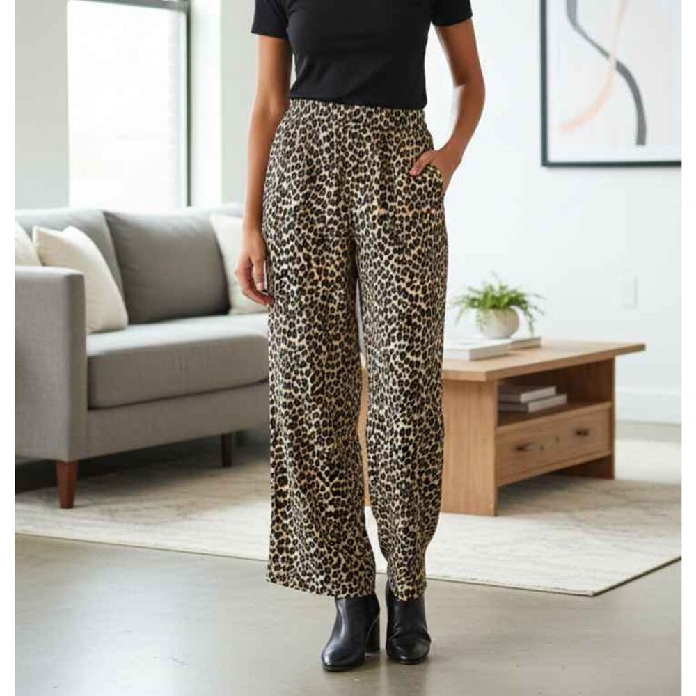 J.Crew Leopard Print High Rise Wide Leg Trousers Tan Black‎ Animal Print Size 10